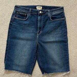 L'AGENCE Dark Blue Denim Bermuda Shorts with Raw Hem
